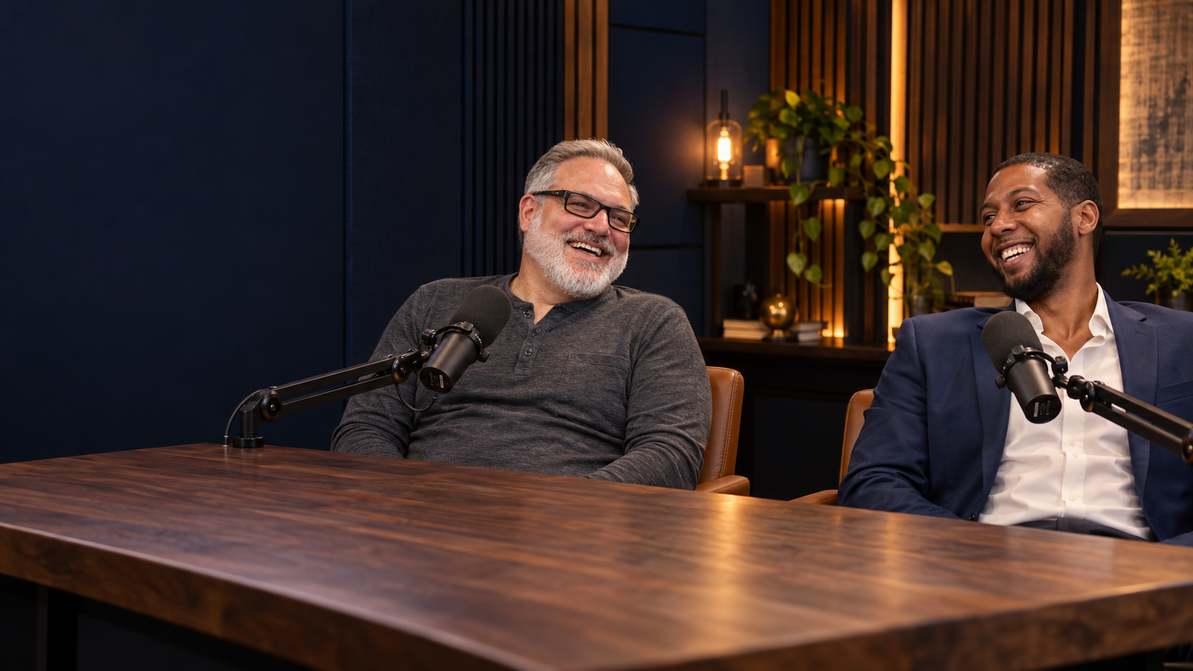 AI-created studio scene of Tom Bush and LeSean Shaw laughing together across their microphones.